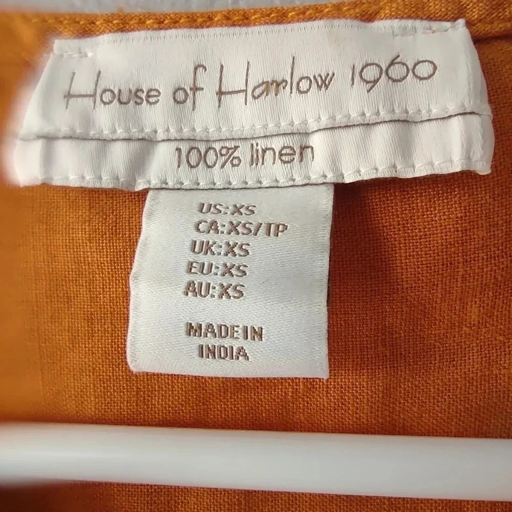 House of Harlow 100% linen top size XS orange yellow embroidered cap sle… boho - Picture 4 of 6